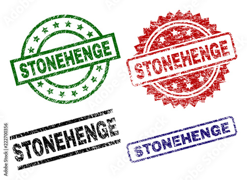 STONEHENGE seal prints with corroded style. Black, green,red,blue vector rubber prints of STONEHENGE text with corroded style. Rubber seals with round, rectangle, medal shapes.