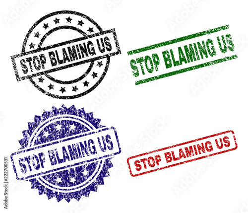 STOP BLAMING US seal prints with corroded texture. Black, green,red,blue vector rubber prints of STOP BLAMING US text with retro texture. Rubber seals with round, rectangle, medallion shapes.