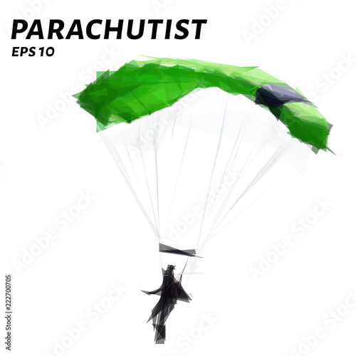 Parachutist from triangles. Low poly skydiver. Vector illustration.