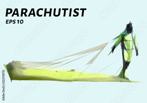 Parachutist from triangles. Low poly skydiver. Vector illustration.