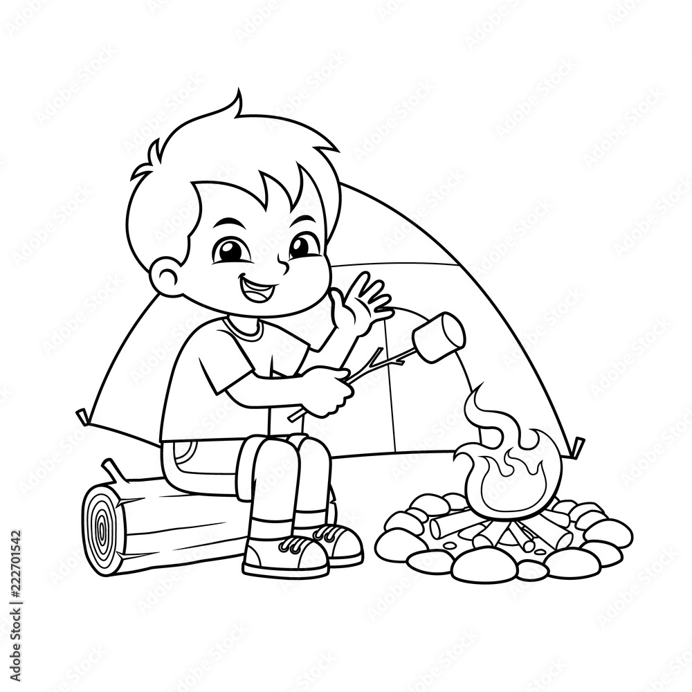 Boy Making Campfire And Baking Marshmallow BW Boy Making Campfire And Baking Marshmallow BW