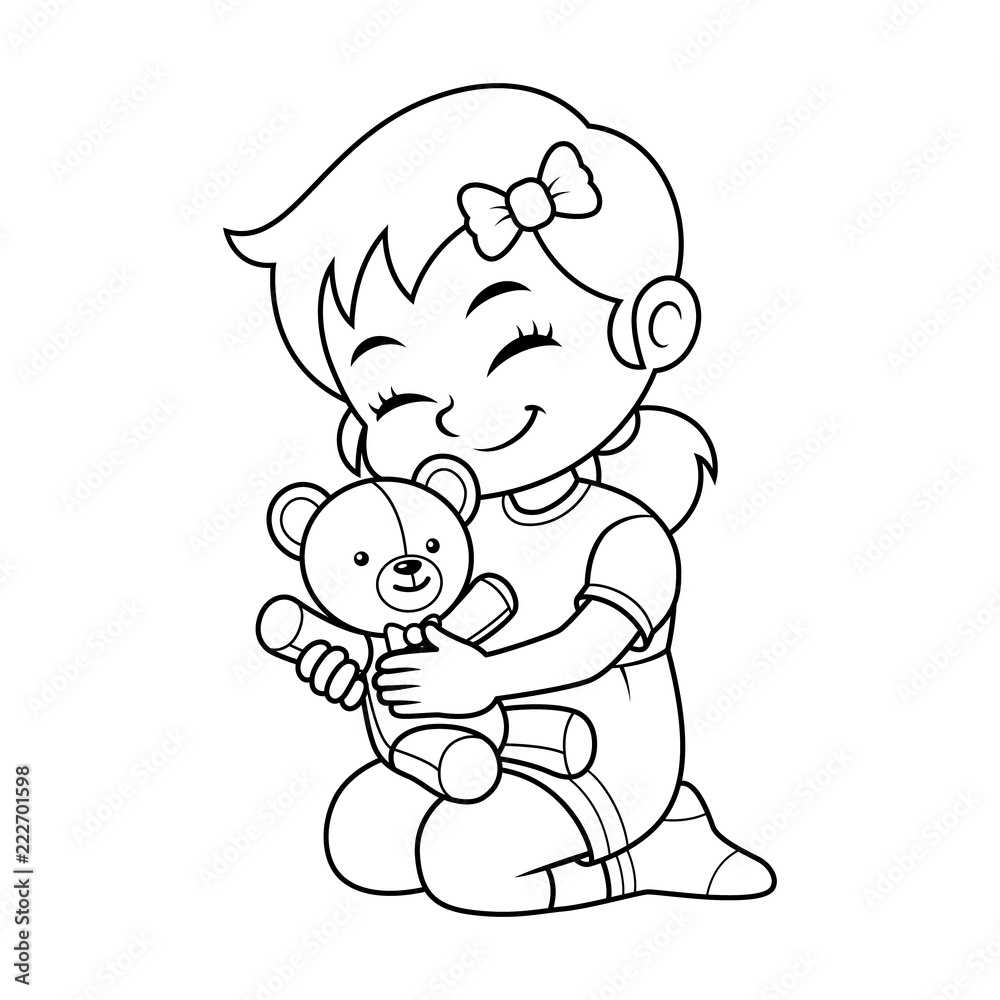 Girl Playing With Her Bear Doll BW Girl Playing With Her Bear Doll BW