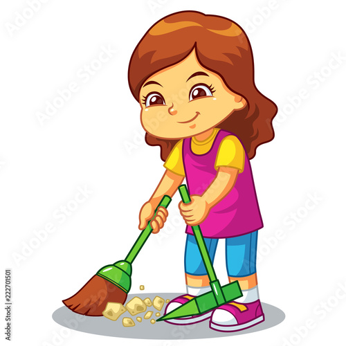 Girl Clean Up Garbage With Broom And Dust Pan