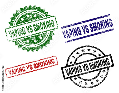 VAPING VS SMOKING seal prints with damaged texture. Black, green,red,blue vector rubber prints of VAPING VS SMOKING text with corroded texture. Rubber seals with round, rectangle, medal shapes.