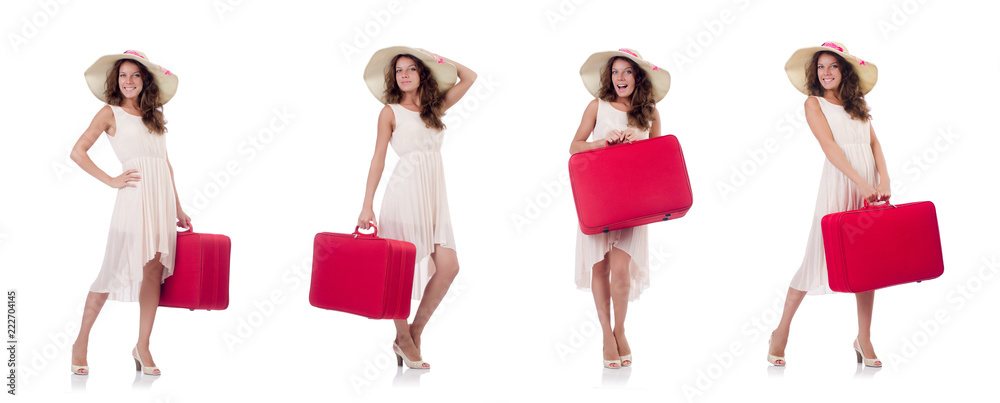 Woman traveller with suitcase isolated on white Woman traveller with suitcase isolated on white