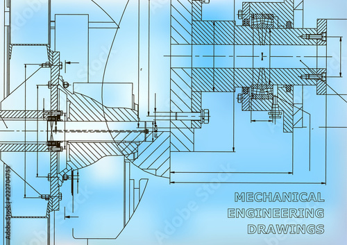 Technical illustration. Mechanical engineering. Backgrounds of engineering subjects. Technical design. Instrument making. Cover, banner, flyer, background. Blue