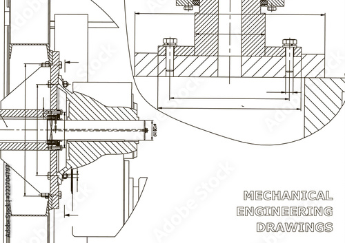 Technical illustration. Mechanical engineering. Backgrounds of engineering subjects. Technical design. Instrument making. Cover, banner, flyer, background. Corporate Identity. Blue and white