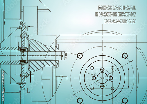Technical illustration. Mechanical engineering. Backgrounds of engineering subjects. Technical design. Instrument making. Light blue