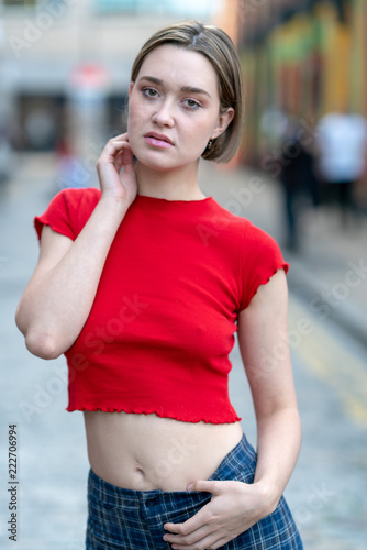 Portrait of girl with beanie and red tshirt