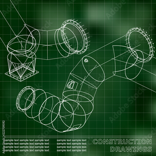 Green background. Grid. Drawings of steel structures. Pipes and pipe. 3d blueprint of steel structures. Background for your design