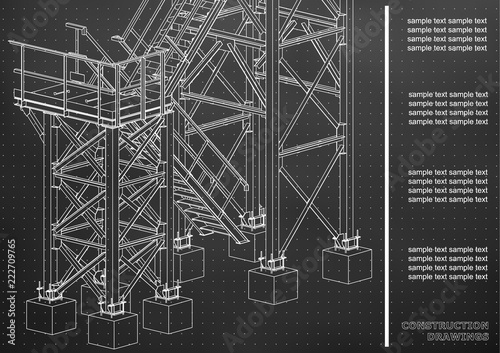 Building. Metal constructions. Volumetric constructions. 3D design. Abstract backgrounds. Cover, background, banner. Black background. Points