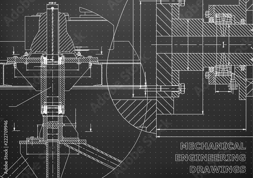 Mechanical engineering. Technical illustration. Backgrounds of engineering subjects. Technical design. Instrument making. Cover, banner, flyer. Black background. Points