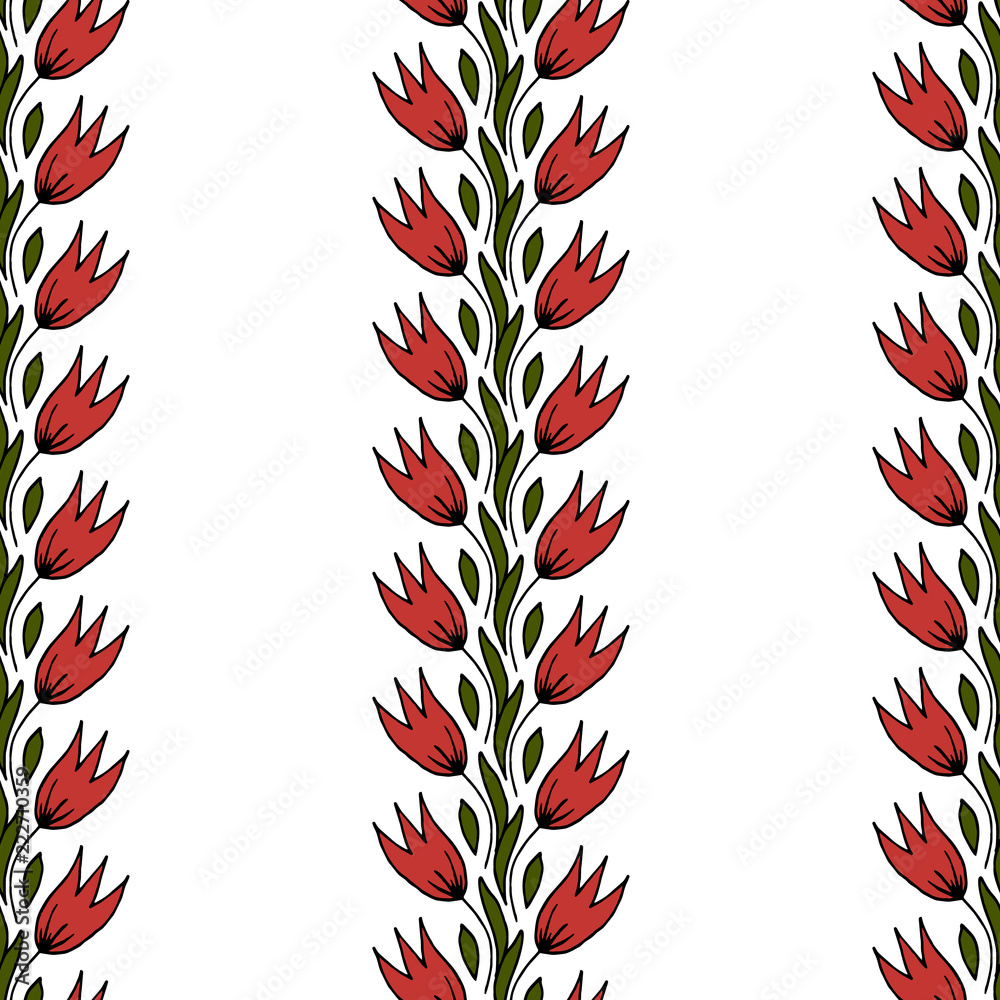 Seamless floral pattern. Pattern for fabric, trellis. Tulips. Stripes of flowers on a white background. Background in black polka dots