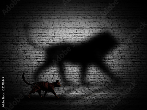 Fototapeta Naklejka Na Ścianę i Meble -  3D cat walking with lion shaped shadow against a brick wall