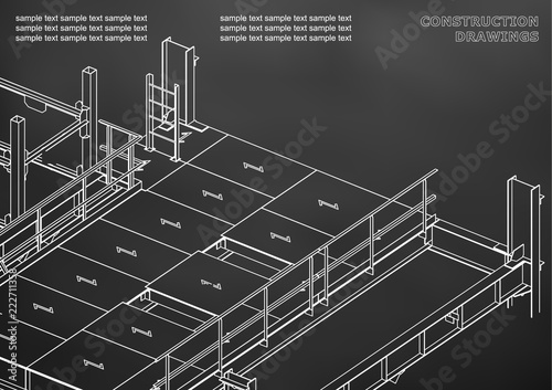Building. Metal constructions. Volumetric constructions. 3D design. Abstract. Black