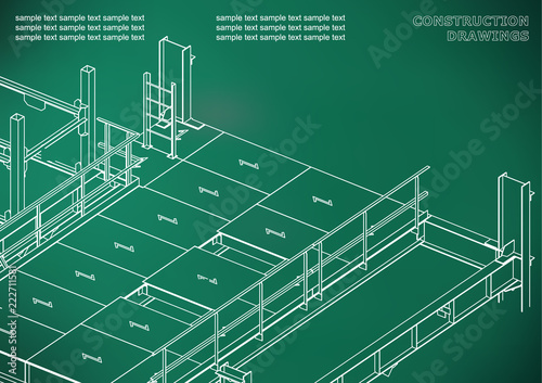 Building. Metal constructions. Volumetric constructions. 3D design. Abstract. Light green background. Grid