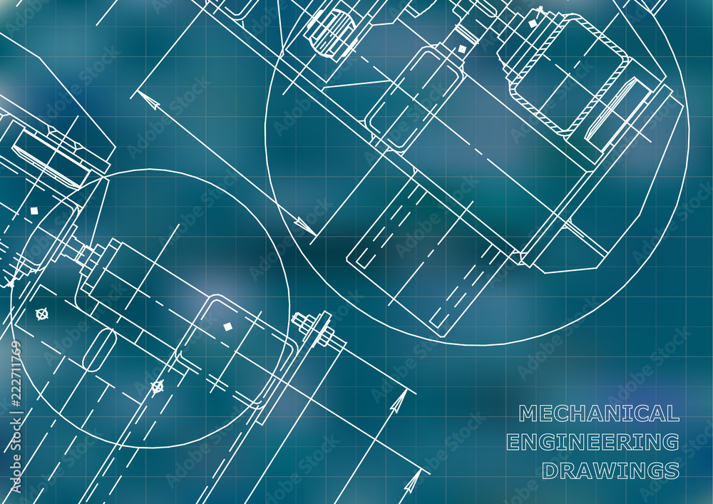 Mechanical Engineering drawing. Blueprints. Mechanics. Cover. Engineering design, instrumentation. Blue background. Grid