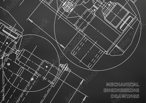 Mechanical Engineering drawing. Blueprints. Mechanics. Cover. Engineering design, instrumentation. Black background. Grid