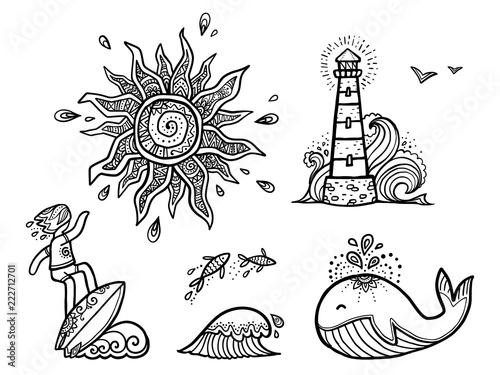 Ornate sun, surfer on wave, fishes, whale and lighthouse line art vector designs surfing stickers set.