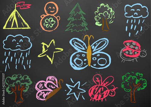 Design elements of packaging, postcards, wraps, covers. Sweet children's creativity. Butterfly, bug, ladybug, tree, star, cloud, rain, fur-tree, tumbler, tent