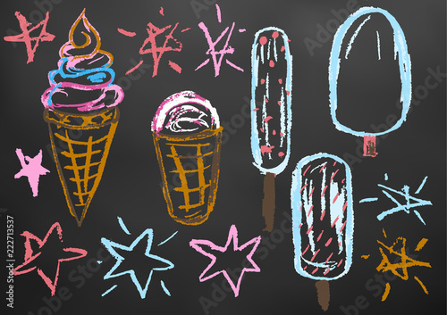 Children's drawing color chalk on a blackboard. Design elements of packaging, postcards, wraps, covers. Sweet children's creativity. Ice cream, sweets, summer, stars