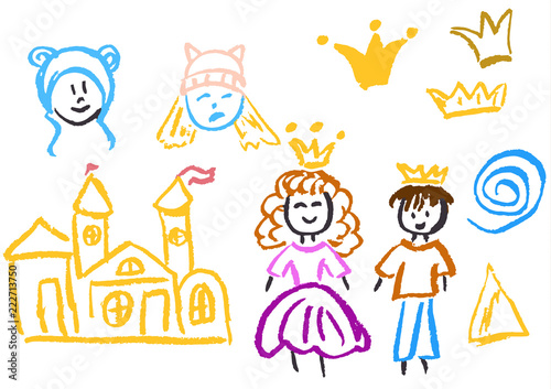 Children's drawing with colored wax crayons. Design elements of packaging, postcards, wraps, covers. Sweet children's creativity. Spiral, triangle, faces, crown, prince, princess, castle, flags