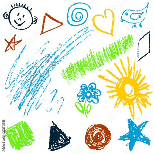 Children's drawing with wax crayons. Design elements of packaging, postcards, wraps, covers. Sweet children's creativity. Square, triangle, circle, star, flower, sun, grass, bird, spiral, star, face