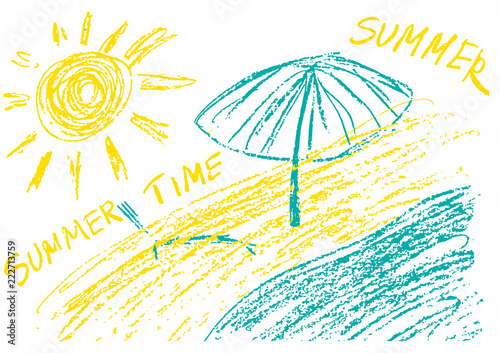 Children's drawing with colored wax crayons. Summer mood. Sea, beach, sun