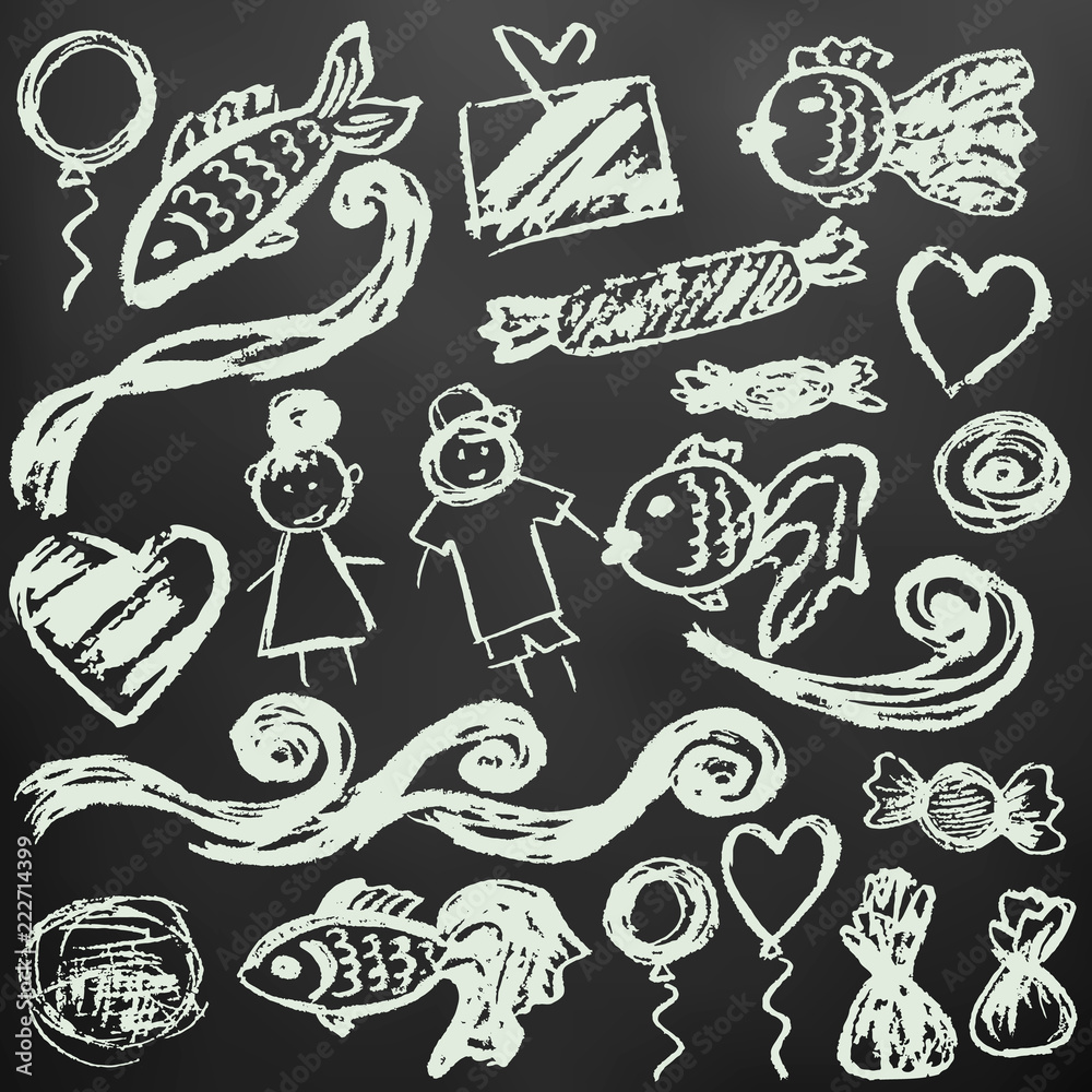 Fototapeta premium Set elements for your creativity. Children's drawings with white chalk on a black background. Waves, fish, people, sweets