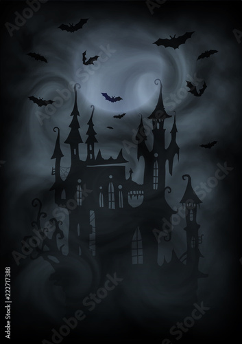 Black and white halloween poster vector background with dark vampire castle silhouette, moon and bats in gray fog