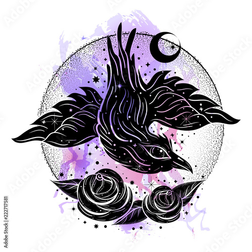 Boho illustration with cute little crow and roses at watercolor background. Flash tattoo style