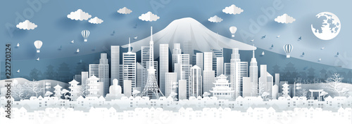 Panorama postcard of world famous landmarks of Tokyo city, Japan in paper cut style vector illustration