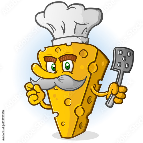 Cheese Chef Cartoon Character with Mustache Holding a Spatula