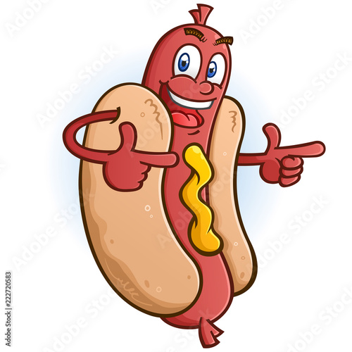 Hot Dog Cartoon Character Pointing Both Fingers