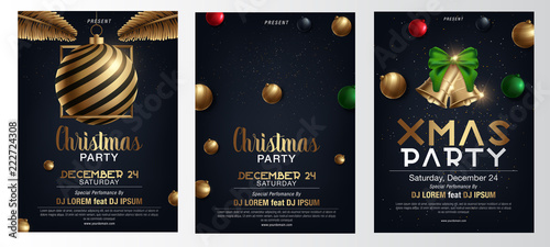 Merry christmas party glass ball and gift box for flyer brochure design on red background invitation theme concept. Happy holiday greeting banner and card template