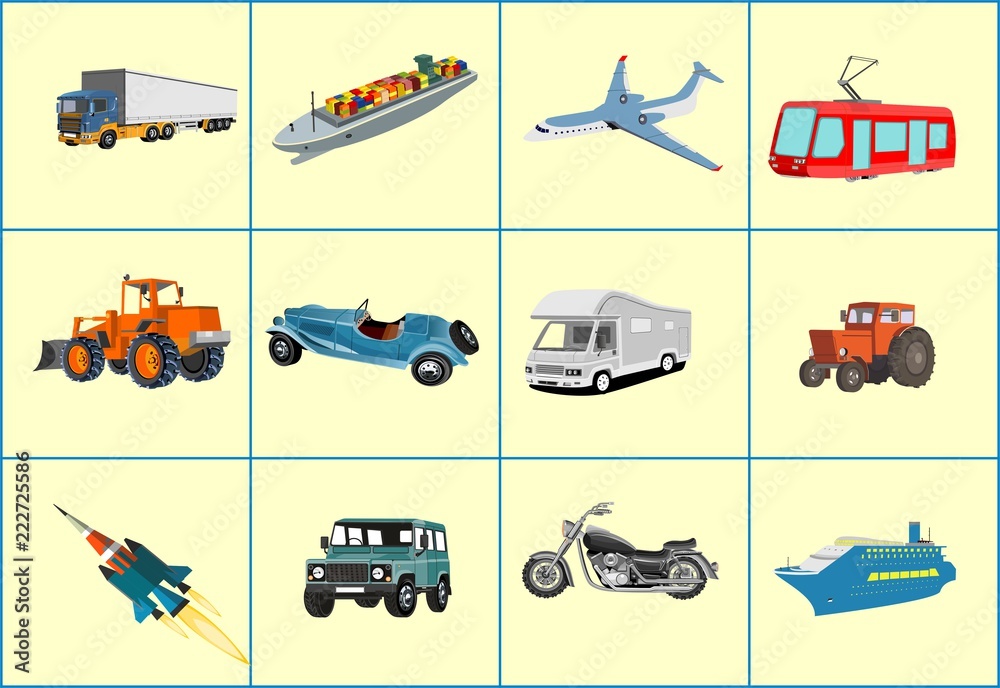 Naklejka premium Transoprt objects vector set icons automobils, train, truck, plane.