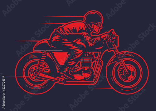 Fototapeta hand drawing od man riding old cafe racer motorcycle