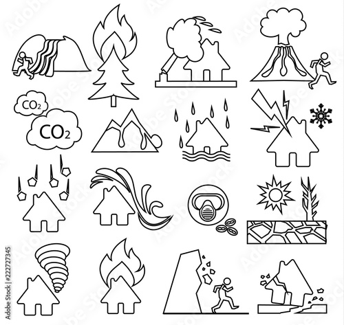 natural disaster icon set, outline vector illustration