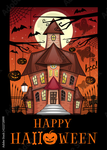 Halloween design. Halloween greeting card with a haunted house. Vector illustration