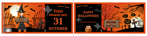 Invitation tickets for the Halloween night party. Invitation flyer template for Halloween. Vector illustration
