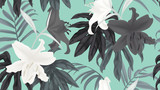 Botanical seamless pattern, black and white lily flowers and leaves on blue background
