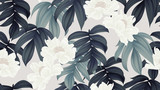 Botanical seamless pattern, white paenia lactiflora flowers and leaves on light brown background