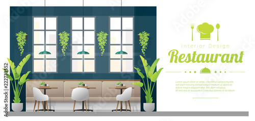 Interior background , modern restaurant with tables and chairs scene , vector , illustration