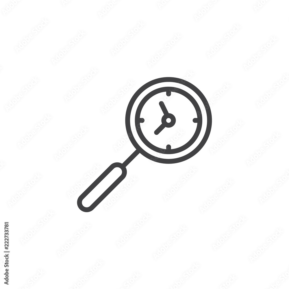 Magnifying glass and clock outline icon. linear style sign for mobile concept and web design. Time search simple line vector icon. Symbol, logo illustration. Pixel perfect vector graphics Magnifying glass and clock outline icon. linear style sign for mobile concept and web design. Time search simple line vector icon. Symbol, logo illustration. Pixel perfect vector graphics
