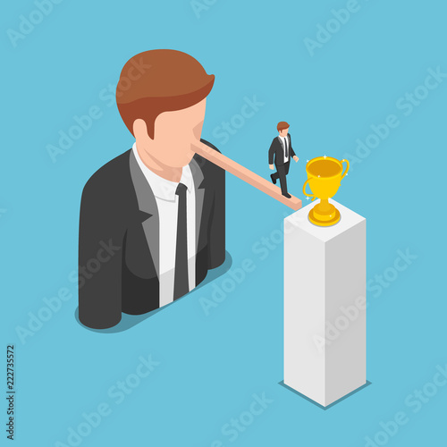 Isometric businessman walking on long nose to the trophy