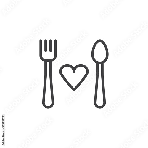 Food donation outline icon. linear style sign for mobile concept and web design. Spoon with fork and heart simple line vector icon. Symbol, logo illustration. Pixel perfect vector graphics