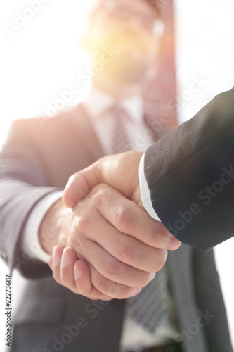 business leader shaking hands with partner.