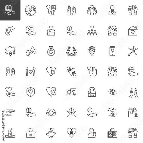 Charity outline icons set. linear style symbols collection, line signs pack. vector graphics. Set includes icons as Blood donation, Voluntary, Donate, Laurel, Love, Delivery truck, Praying hands 