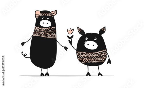 Cute couple of pigs, symbol of 2019 for your design