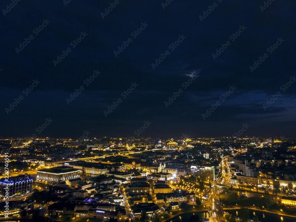 Night aerial view of Minsk city under bright illumination